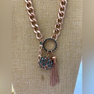 Bebe‎ Rose Gold Tone Chunky Chain Necklace w/ Disco Ball Blue Crystals
